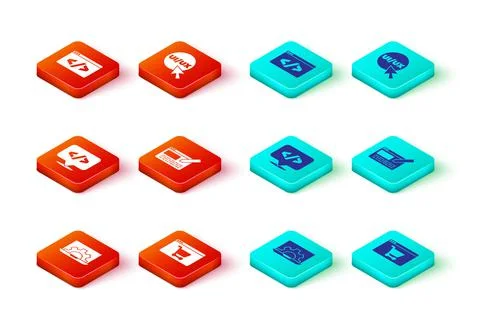 Set Web development, Online shopping on screen, Front end, UI or UX design, and Illustrazione stock