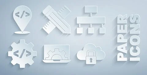 Set Web development, Site map, Front end, Cloud computing lock, Crossed ruler 库存插图