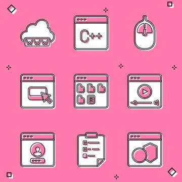 Set Web development, Software, Computer mouse, Browser files, Online play v.. Illustrazione stock