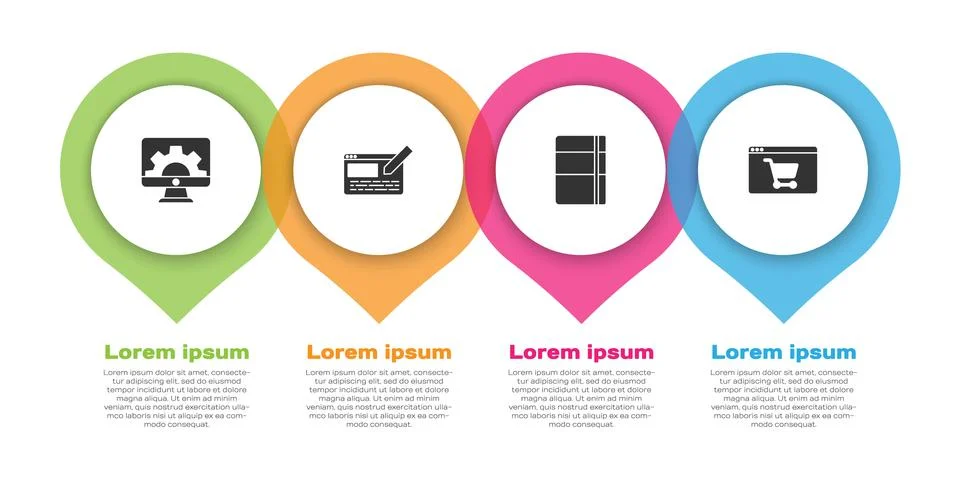 Set Web development, UI or UX design, Sketchbook album and Online shopping on Stock Illustration