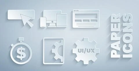 Set Web development, UI or UX design, Time is money, Monitor, mobile, tablet and Illustrazione stock