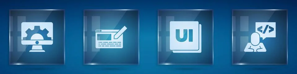 Set Web development, UI or UX design, and Front end. Square glass panels. Vector 스톡 일러스트