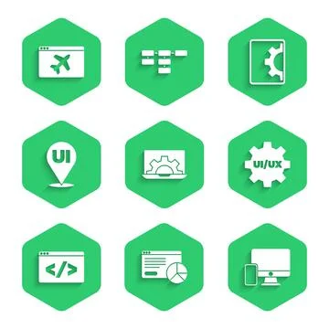 Set Web development, Website statistic, Monitor and mobile, UI UX design, Front 스톡 일러스트