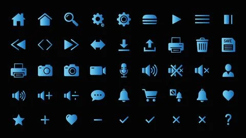 Set of web icons including home, search, settings, burger, play, menu, paus.. Illustrazione stock