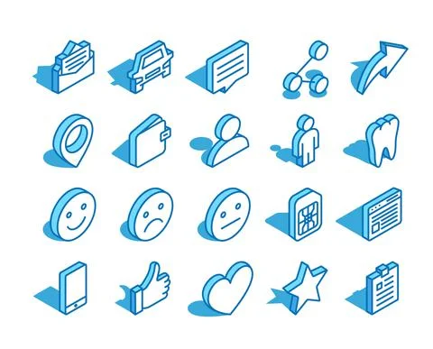 Set of web isometric icon. Thumb up, wallet, user, tooth, sim card and more. 3D Stock Illustration