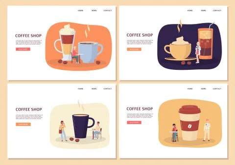 Set of web page mockups for coffee shop with people flat vector illustration. Stock Illustration