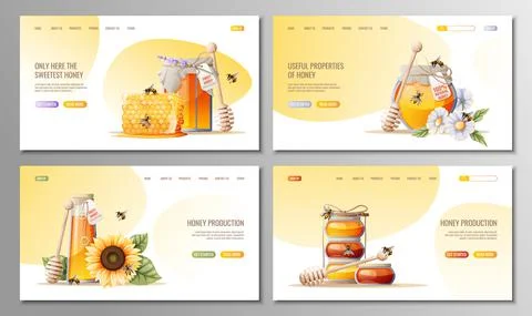 A set of web pages for a honey store, honey products. Honey jar, wooden spoon Stock Illustration