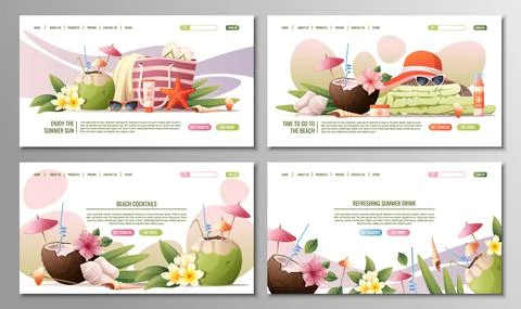 Set of web pages for with summer beach accessories. Beach theme, tropical vac Stock Illustration