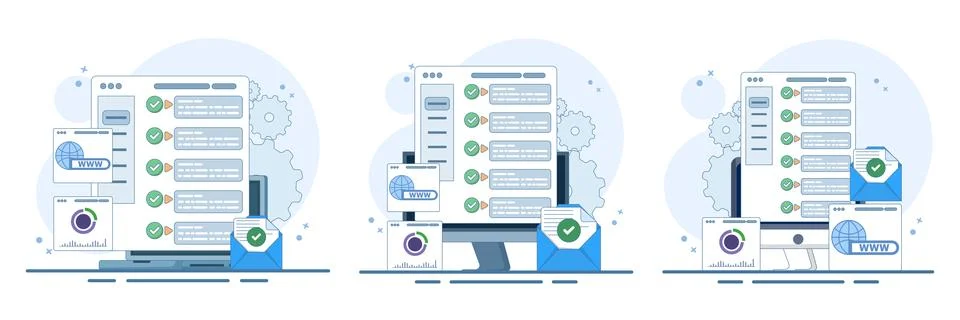 Set of web UI interface data analytics and SEO optimization dashboard vectors. Ilustración de archivo