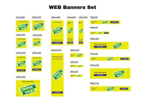 Set of web yellow and green advertising banners standard sizes. Illustrazione stock