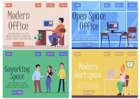 Set website banners for coworking and open space office flat vector illustration Stockillustratie