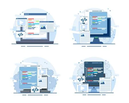 Set of website development and coding on laptop screen vectors Stock Illustration