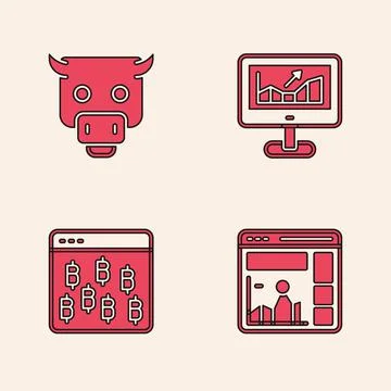 Set Website with growth graph, Bull market, Computer and Bitcoin in browser icon Stock Illustration
