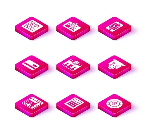 Set Website with growth graph, Calculator, Credit card, Bank building, Bitcoin Ilustración de archivo