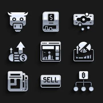 Set Website with growth graph, Sell button, Blockchain technology Bitcoin, .. Stock Illustration