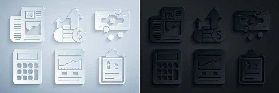 Set Website with growth graph, Stacks paper money cash, Calculator, Business Illustrazione stock