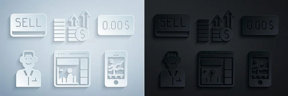 Set Website with growth graph, Zero cost, Trader, Mobile stock trading Illustrazione stock