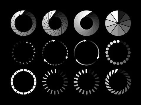 Set of website loading white icon isolated on black background. Download or u Stock Illustration