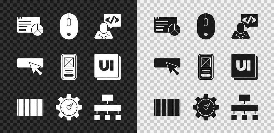 Set Website statistic, Computer mouse, Front end development, Color palette.. Illustrazione stock