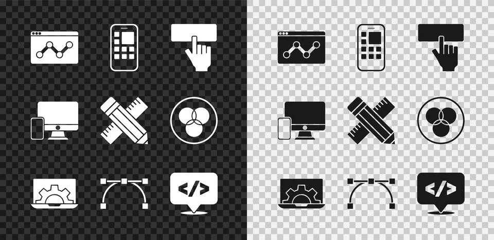 Set Website statistic, Mobile Apps, Keyboard, development, Bezier curve, Front Illustrazione stock