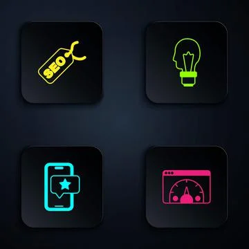 Set Website statistic, SEO optimization, Mobile with review rating and Light Stock Illustration