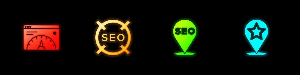 Set Website statistic, SEO optimization, and Map pointer with star icon. Vector Illustrazione stock