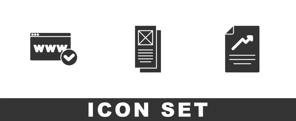 Set Website template, Browser window and Document with graph chart icon. Vector Illustrazione stock