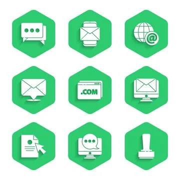 Set Website template, Chat messages notification on monitor, Stamp, Monitor and Stock Illustration