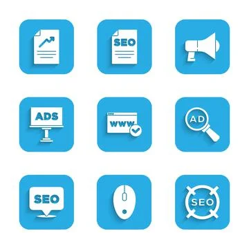Set Website template, Computer mouse, SEO optimization, Advertising, Megaphone Illustrazione stock