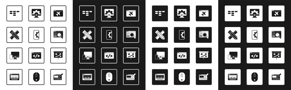 Set Website template, development, Crossed ruler and pencil, Site map, UI or UX Stock Illustration