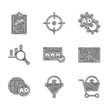 Set Website template, Lead management, Shopping cart and dollar, Browser window Stock Illustration