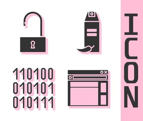 Set Website template, Open padlock, Binary code and Pepper spray icon. Vector Illustrazione stock