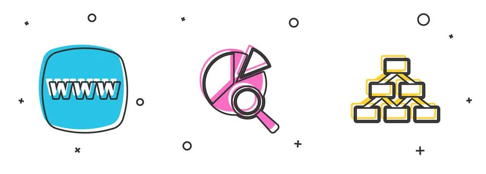 Set Website template, Search data analysis and Hierarchy organogram icon. Vector 스톡 일러스트