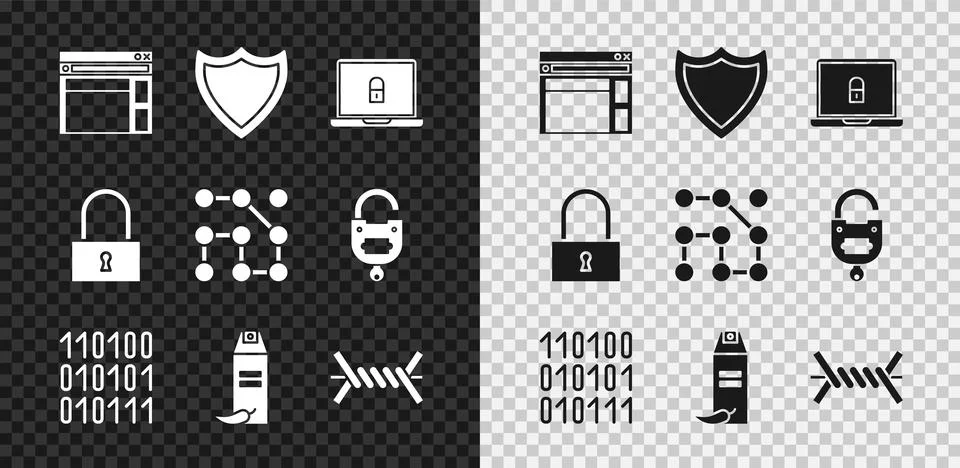 Set Website template, Shield, Laptop and lock, Binary code, Pepper spray, Barbed Stock Illustration