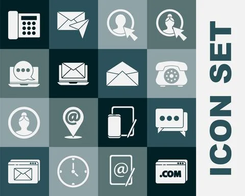 Set Website template, Speech bubble chat, Telephone, Create account screen Stock Illustration