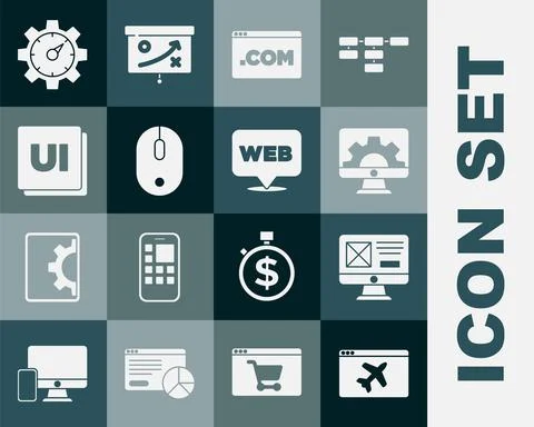 Set Website template, UI or UX design, development, Computer mouse, statistic Illustrazione stock