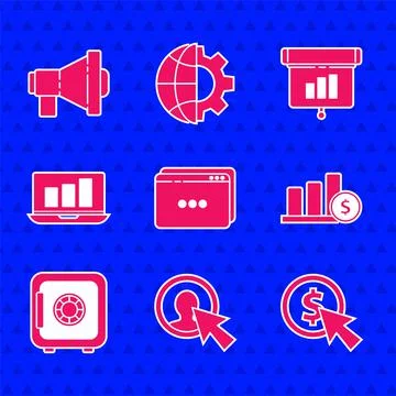 Set Website template, User of man in business suit, Cursor and coin, Pie chart Stock Illustration