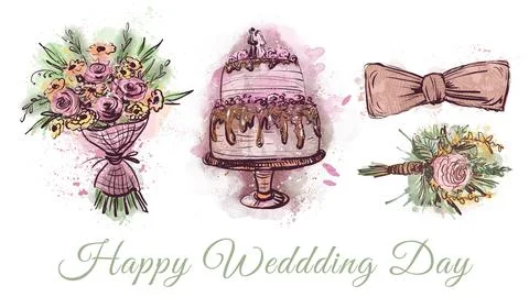 A set of wedding bouquet, cake, bow tie and boutonniere Stock Illustration