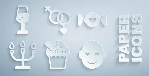 Set Wedding cake, Candy, Candlestick, Romantic man, Gender and Glass of champ Ilustração Stock