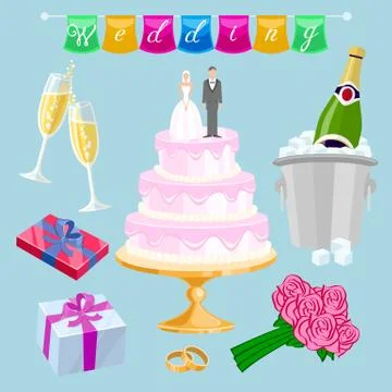 Set Wedding cake with couple vector. Newlyweds, glasses, champagne, gifts, ro Stock Illustration