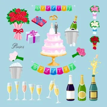 Set Wedding cake with couple vector. Newlyweds, glasses, champagne, gifts, ro Stock Illustration