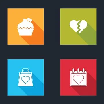 Set Wedding cake with heart, Broken, Shopping bag and Calendar icon. Vector Stock Illustration