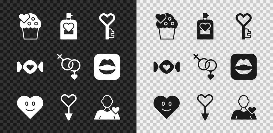 Set Wedding cake, Perfume, Key heart shape, Heart, Female gender symbol Stock-Illustration
