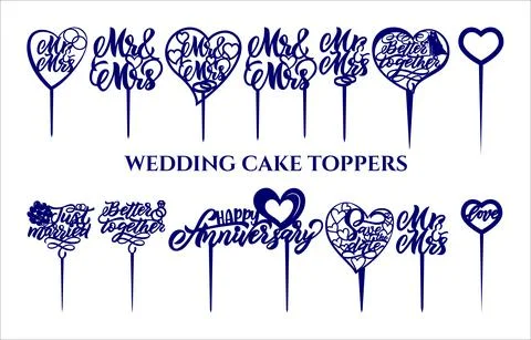 Set of wedding cake toppers with quotes in heart shapes. Illustrazione stock