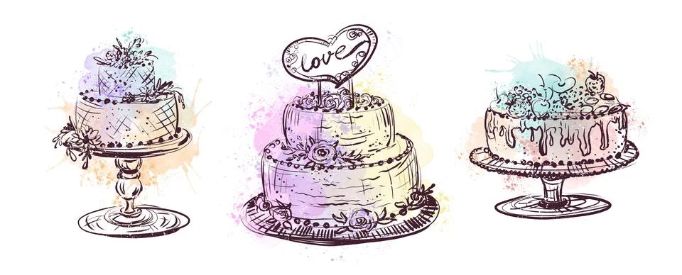 Set wedding cake on a white background, hand-drawn sketch. Stock Illustration