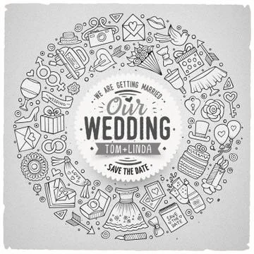 Set of Wedding cartoon doodle objects round frame Stock Illustration