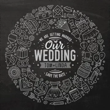 Set of Wedding cartoon doodle objects round frame Illustrazione stock