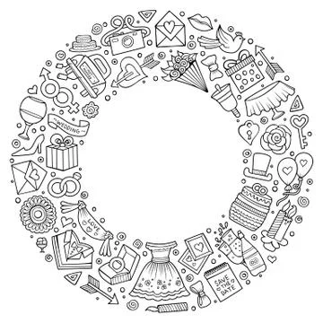 Set of Wedding cartoon doodle objects round frame 스톡 일러스트