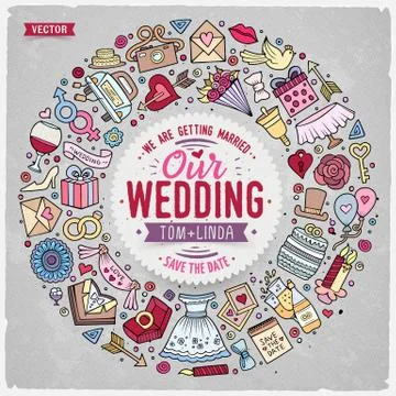 Set of Wedding cartoon doodle objects round frame Illustrazione stock