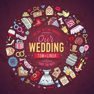 Set of Wedding cartoon doodle objects round frame Stock Illustration